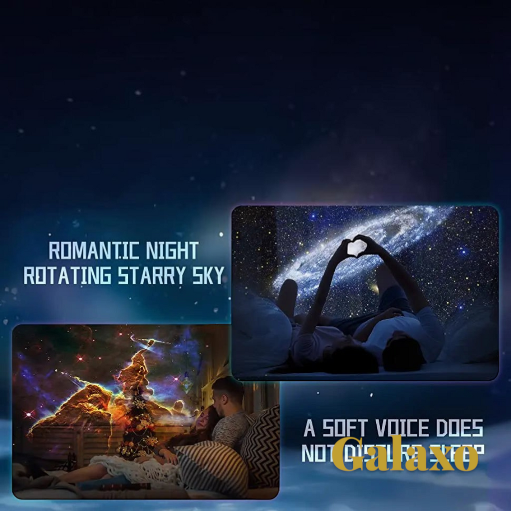 Gr8est 13-in-1 galaxy projector displaying romantic starry sky and nebula scenes in a bedroom for a relaxing atmosphere