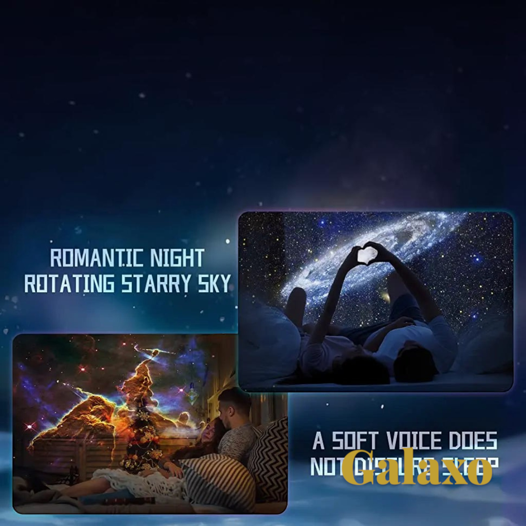 Gr8est 13-in-1 galaxy projector displaying romantic starry sky and nebula scenes in a bedroom for a relaxing atmosphere