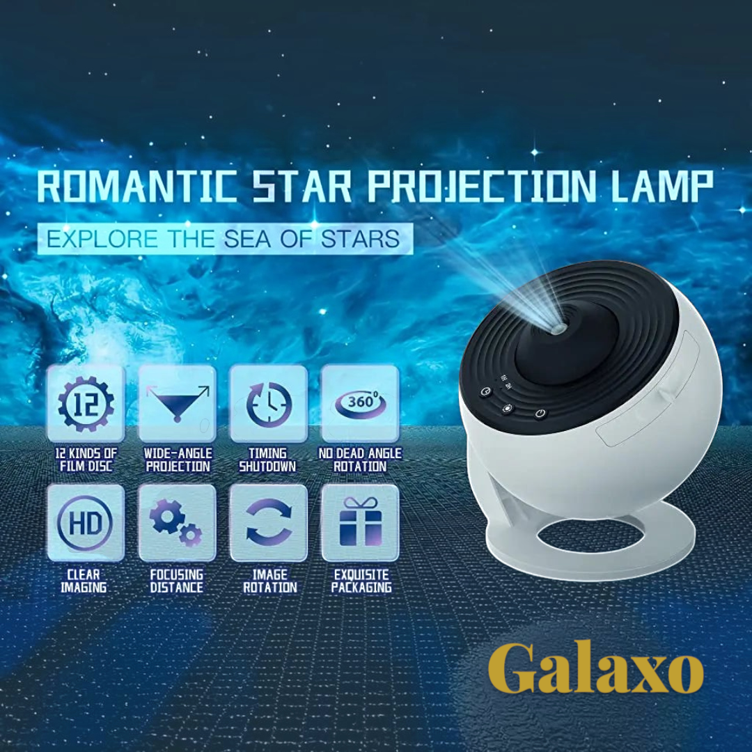 Gr8est 13-in-1 planetarium galaxy projector with white and black design, featuring 12 film discs for room decoration.