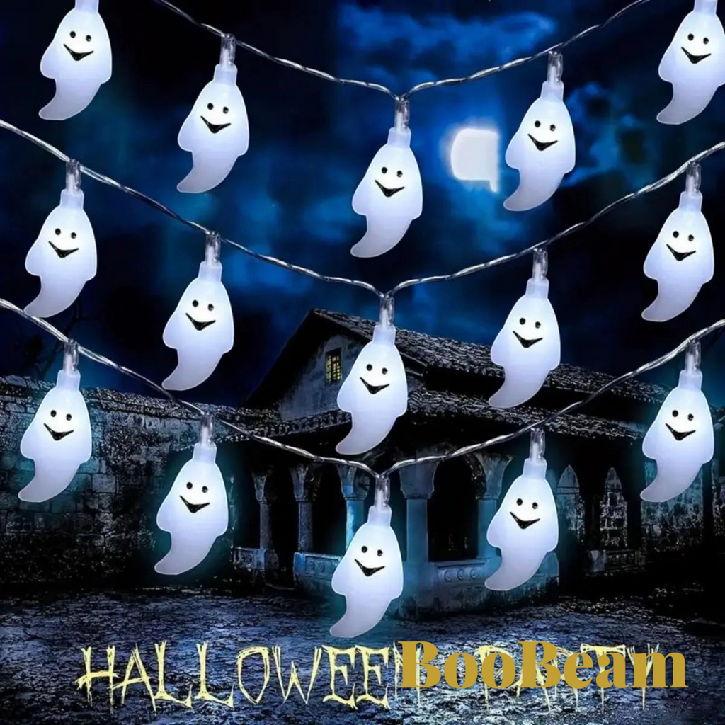 Gr8est BooBeam ghost-shaped LED string lights glowing against a spooky haunted house backdrop for Halloween decor
