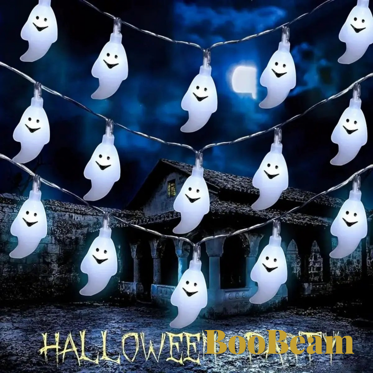 Gr8est BooBeam ghost-shaped LED string lights glowing against a spooky haunted house backdrop for Halloween decor