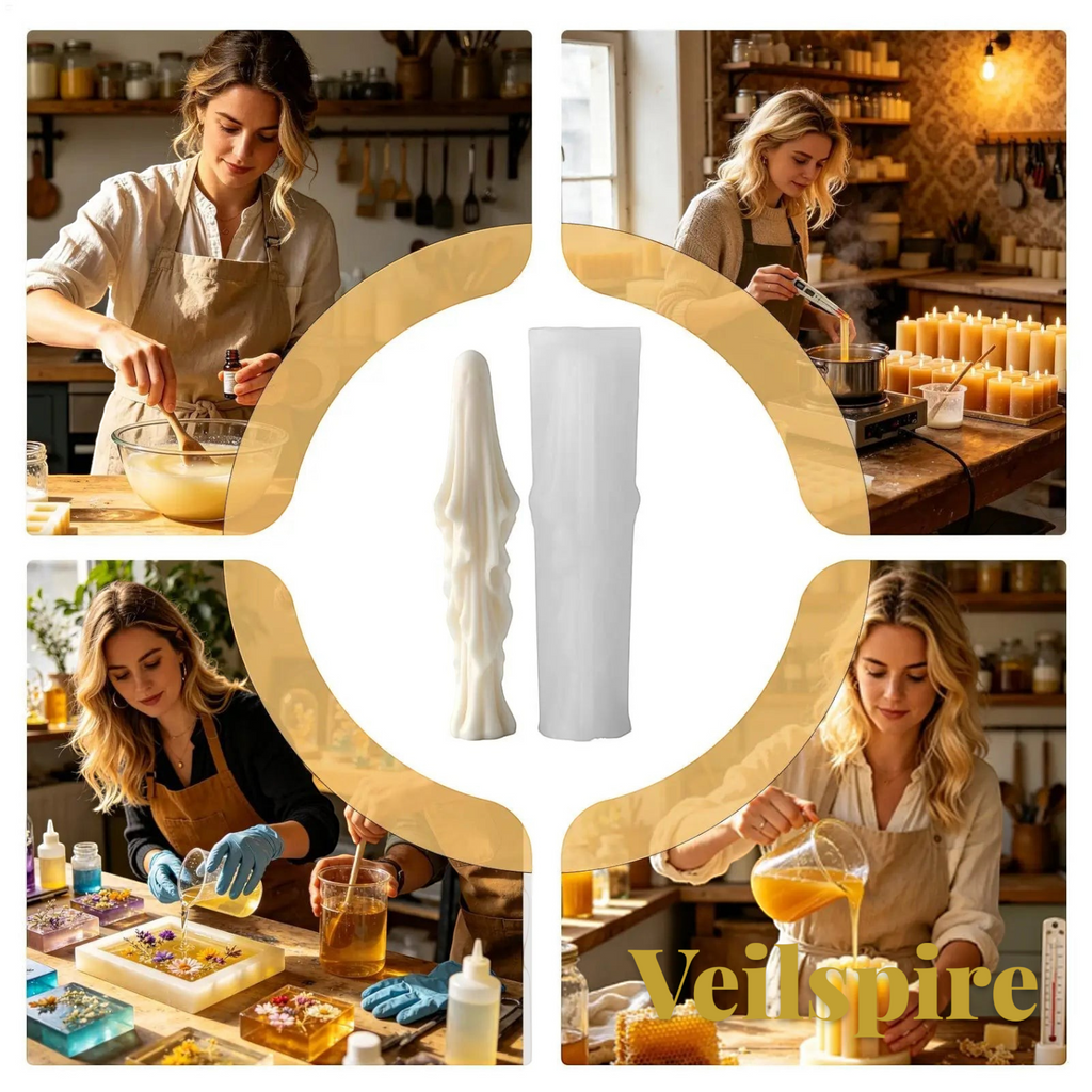 Gr8est Veilspire 3D silicone ghost candle mold shown with a woman crafting candles in a rustic workshop setting.