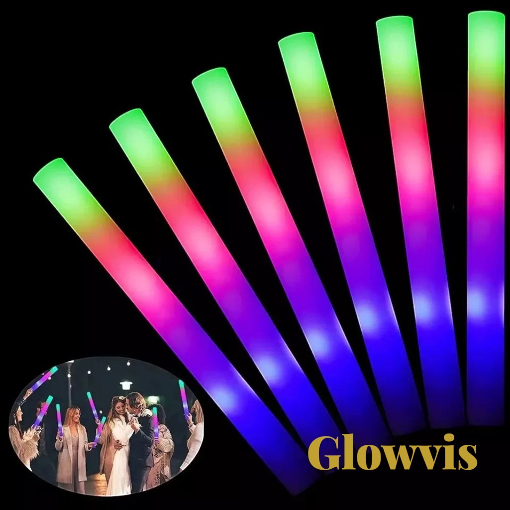 Gr8est Glowvis LED foam glow sticks in vibrant RGB colors for parties, concerts, and weddings.
