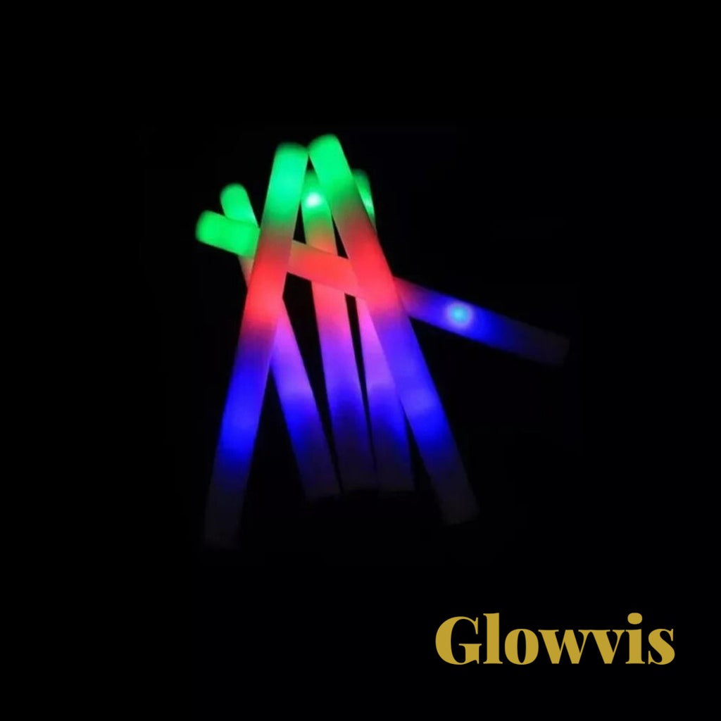 Gr8est Glowvis LED foam glow sticks in vibrant RGB colors glowing against a black background for parties and events