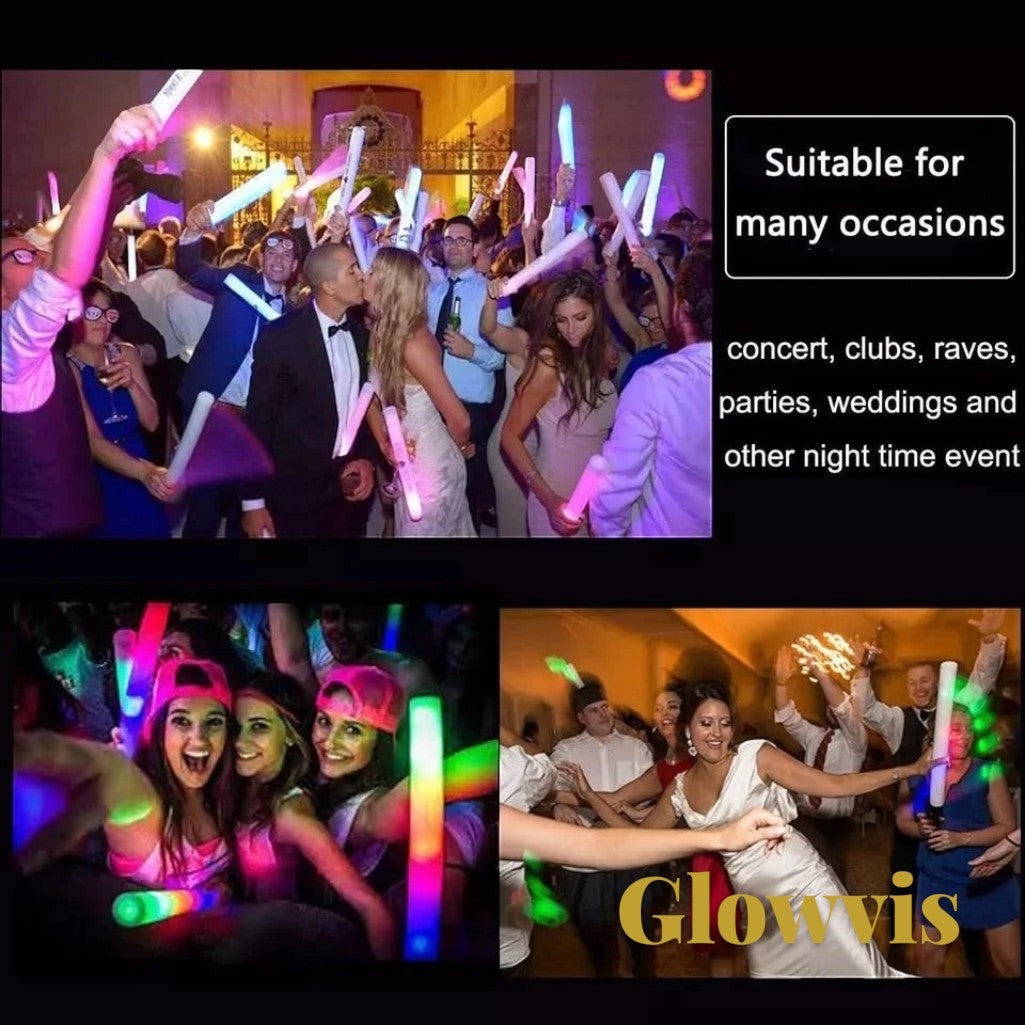 Gr8est Glowvis LED foam glow sticks lighting up a crowd at a concert and wedding party with vibrant RGB flashing lights