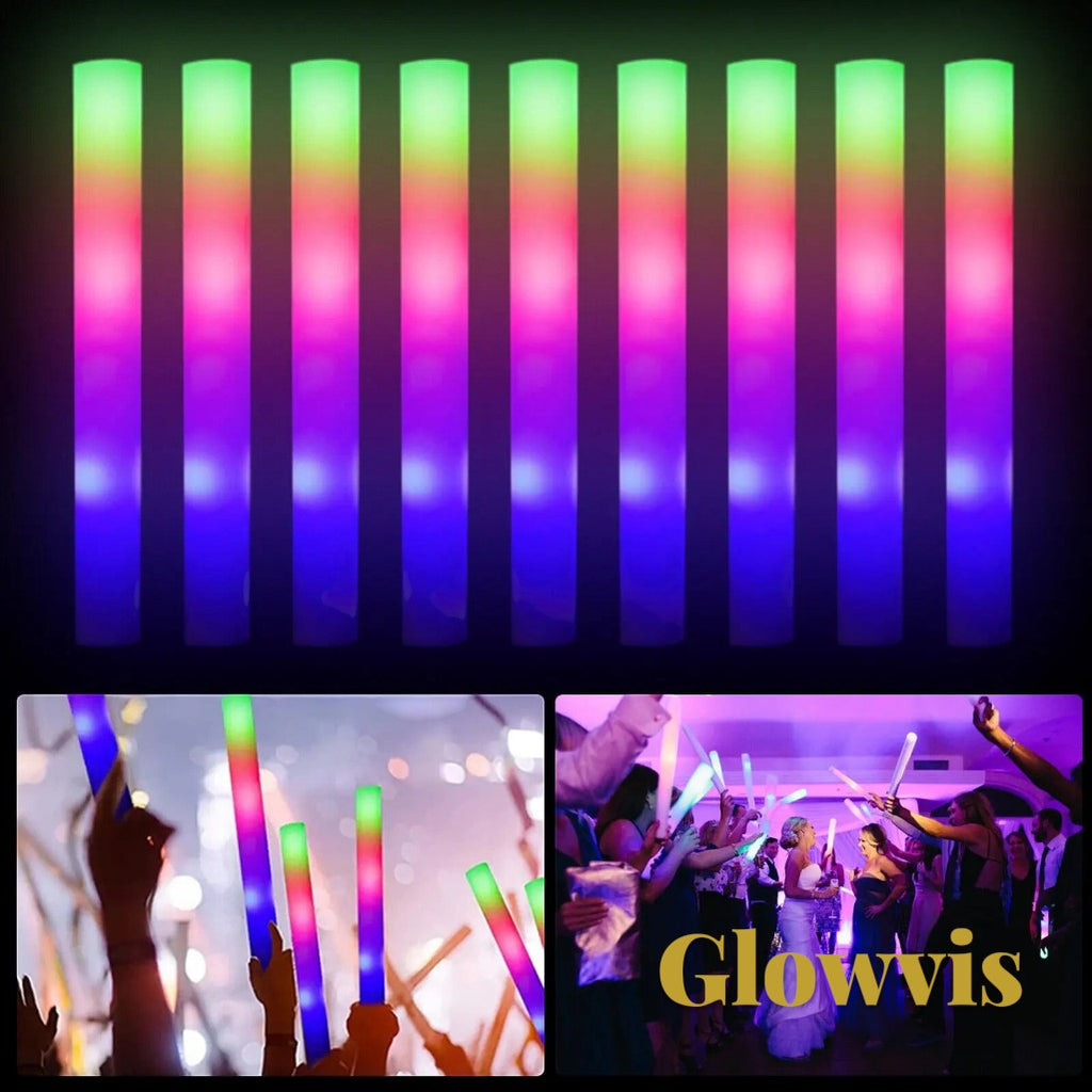 Gr8est Glowvis LED foam glow sticks in vibrant RGB colors for parties, weddings, and concerts.