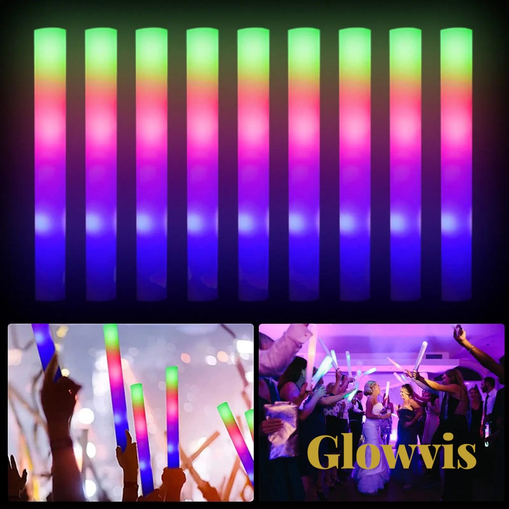 Gr8est Glowvis LED foam glow sticks in vibrant RGB colors for parties, weddings, and concerts.