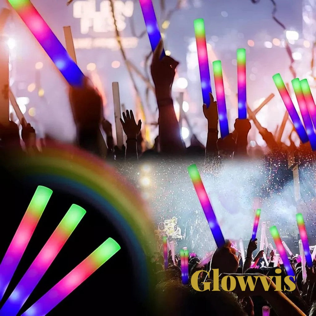 Gr8est Glowvis LED foam glow sticks with vibrant RGB flashing lights held by a crowd at a concert or party