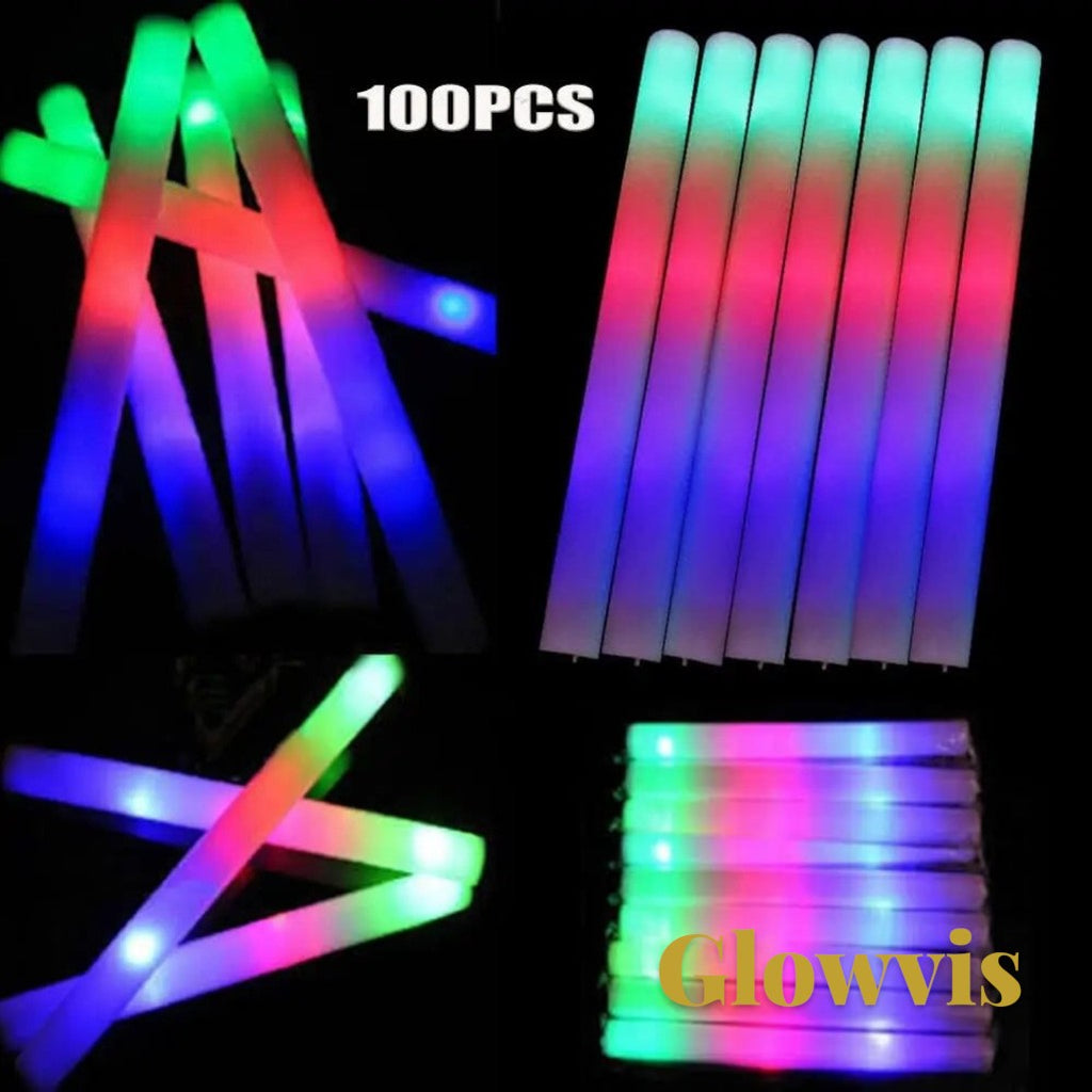 Gr8est Glowvis 100pcs RGB LED foam glow sticks with multiple flashing modes for parties and concerts