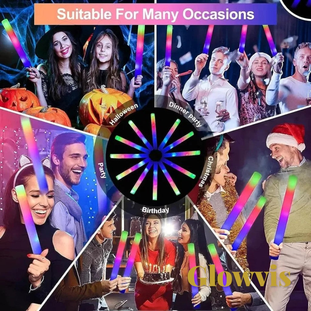 Gr8est Glowvis LED foam glow sticks in vibrant RGB colors used by people at parties, concerts, and holiday celebrations.