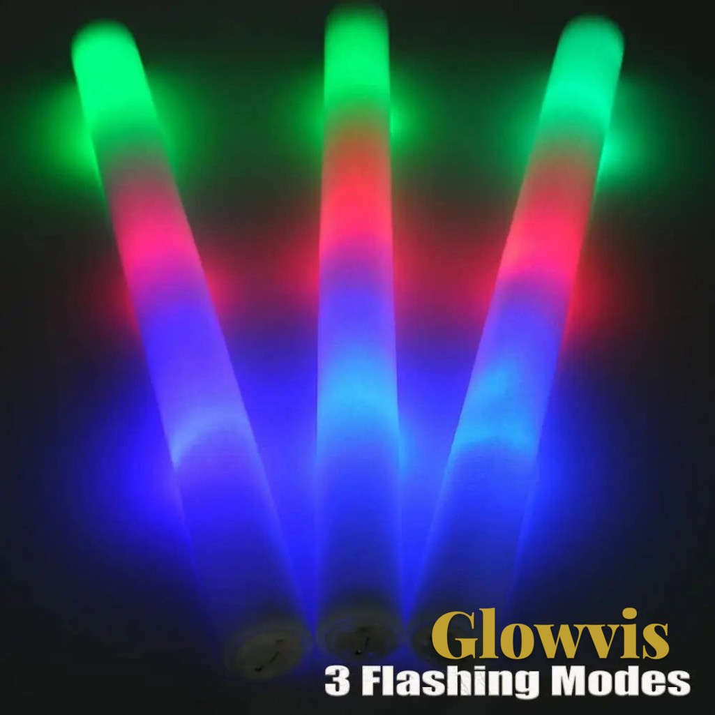 Gr8est Glowvis LED foam glow sticks with vibrant RGB flashing lights for parties and concerts
