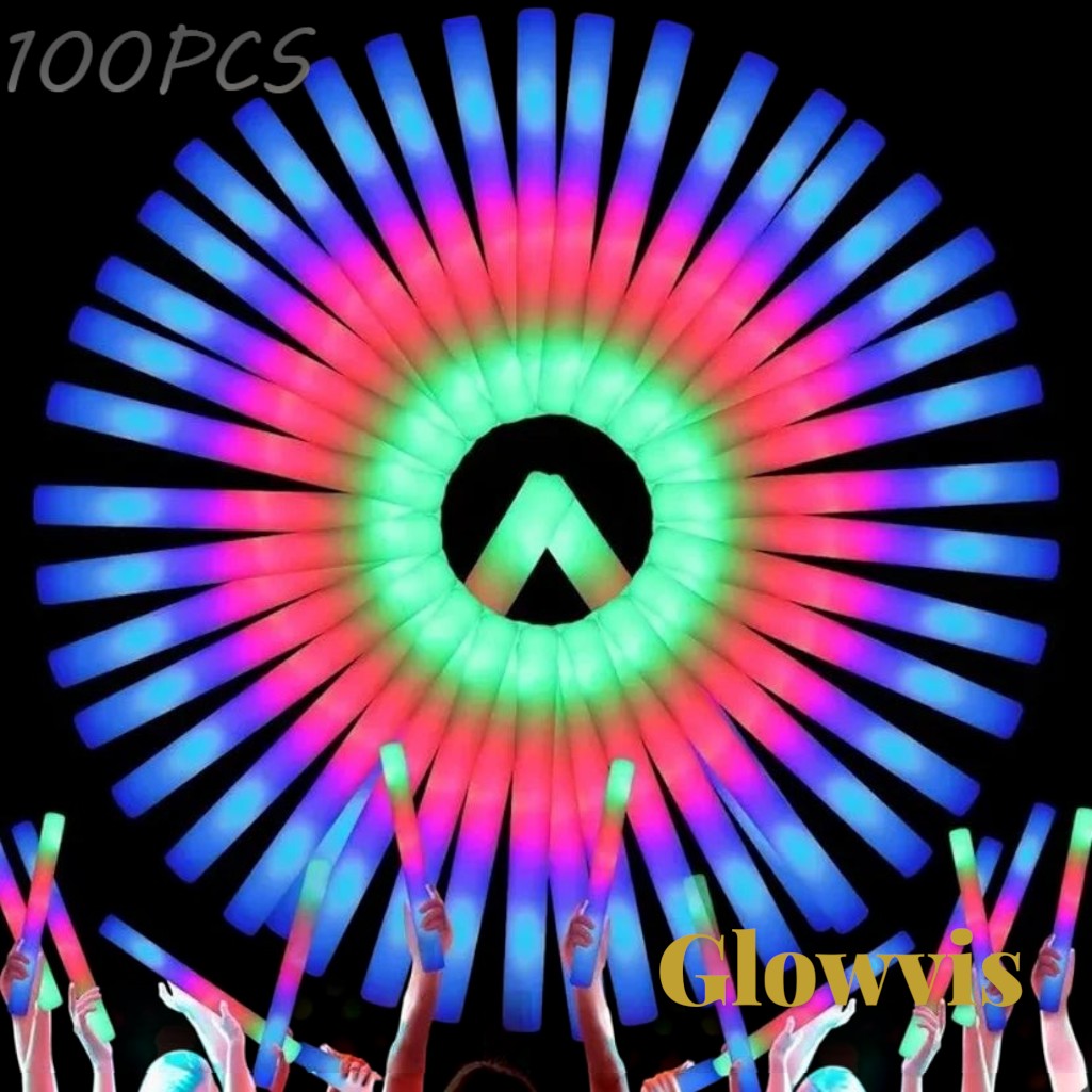 Gr8est Glowvis LED foam glow sticks arranged in a vibrant circular pattern with hands waving them at a concert