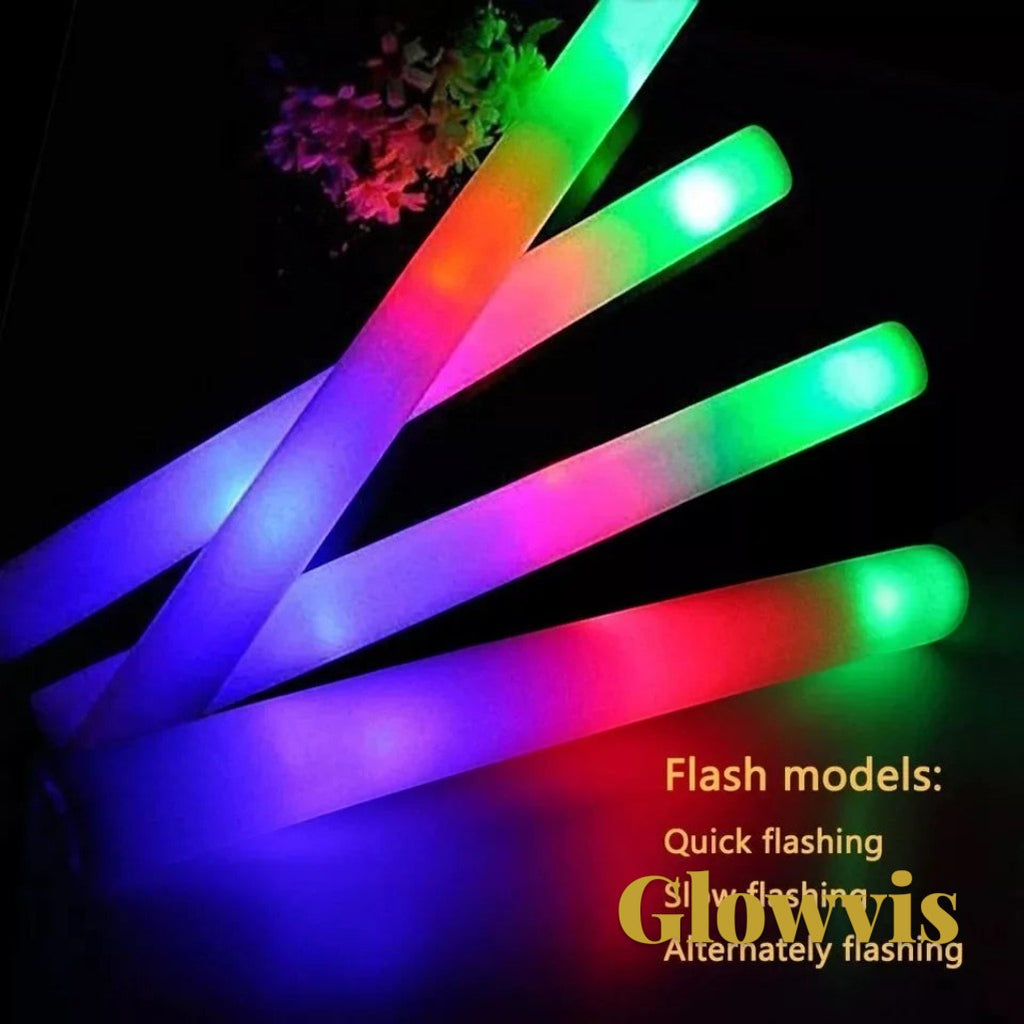 Gr8est Glowvis LED foam glow sticks featuring vibrant RGB flashing lights for parties, concerts, and events.