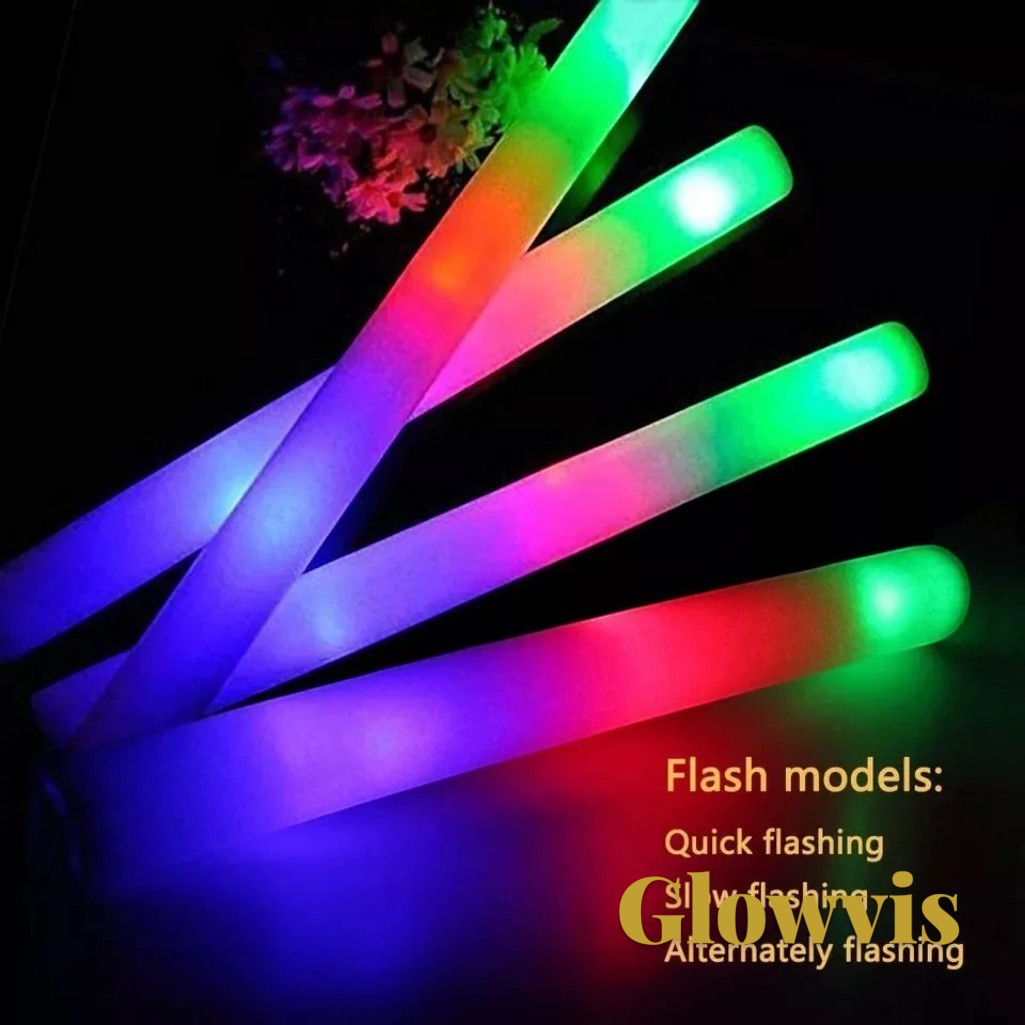 Gr8est Glowvis LED foam glow sticks featuring vibrant RGB flashing lights for parties, concerts, and events.