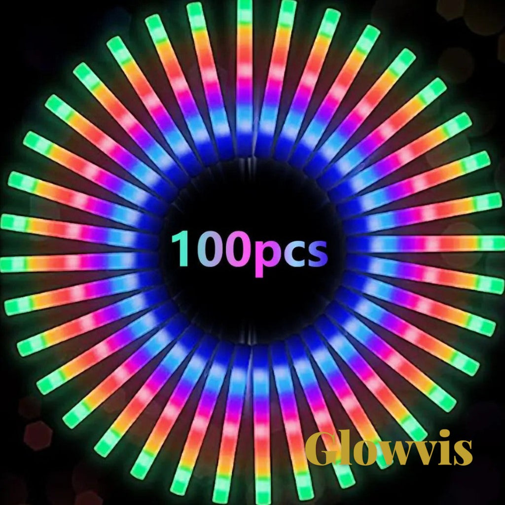 Gr8est Glowvis 100pcs RGB LED foam glow sticks arranged in a circular pattern for parties and concerts