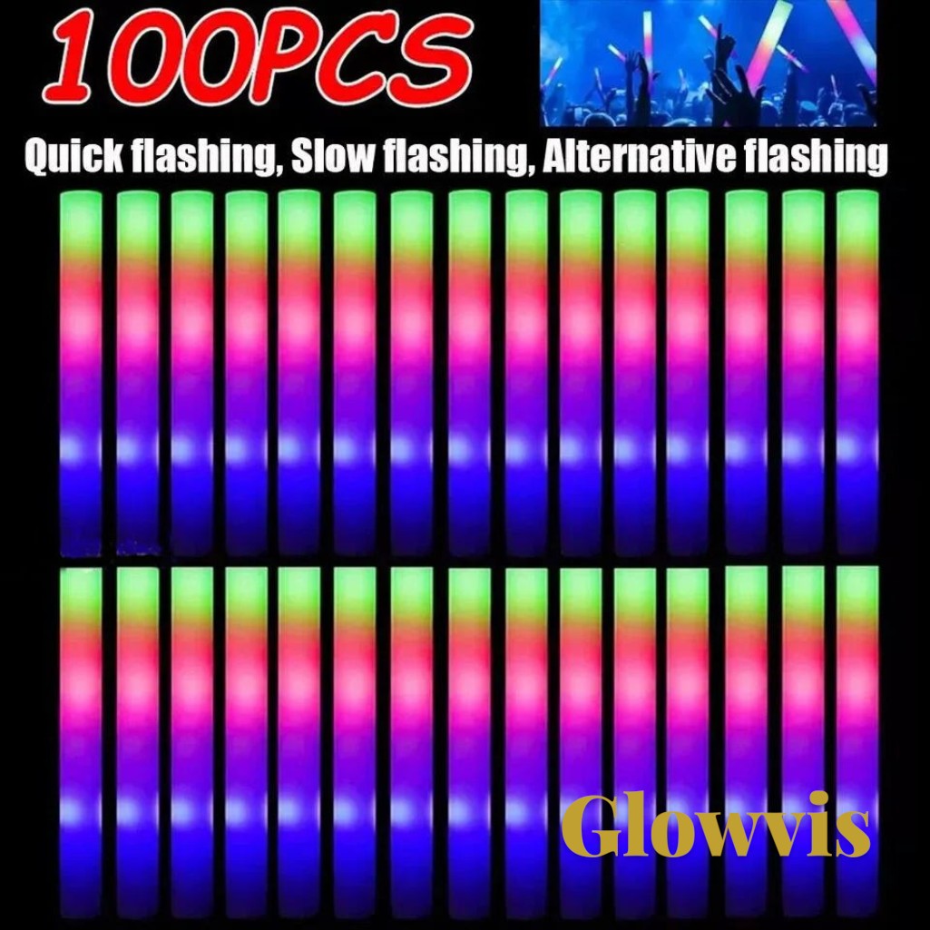 Gr8est Glowvis 100pcs RGB LED foam glow sticks with multiple flashing modes for parties and concerts