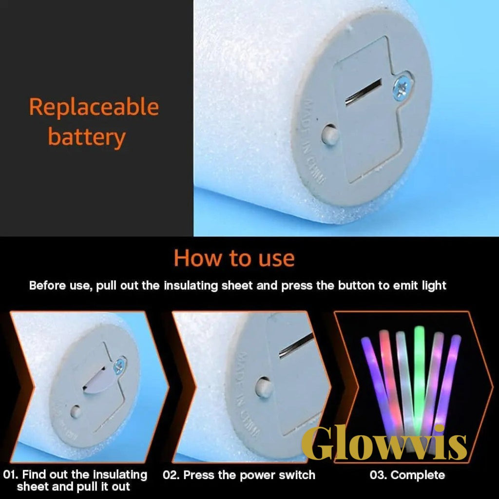 Gr8est Glowvis LED foam glow stick battery compartment and usage instructions for party cheer tubes