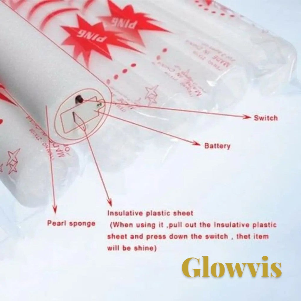 Gr8est Glowvis LED foam glow sticks showing battery compartment, power switch, and insulation strip details.