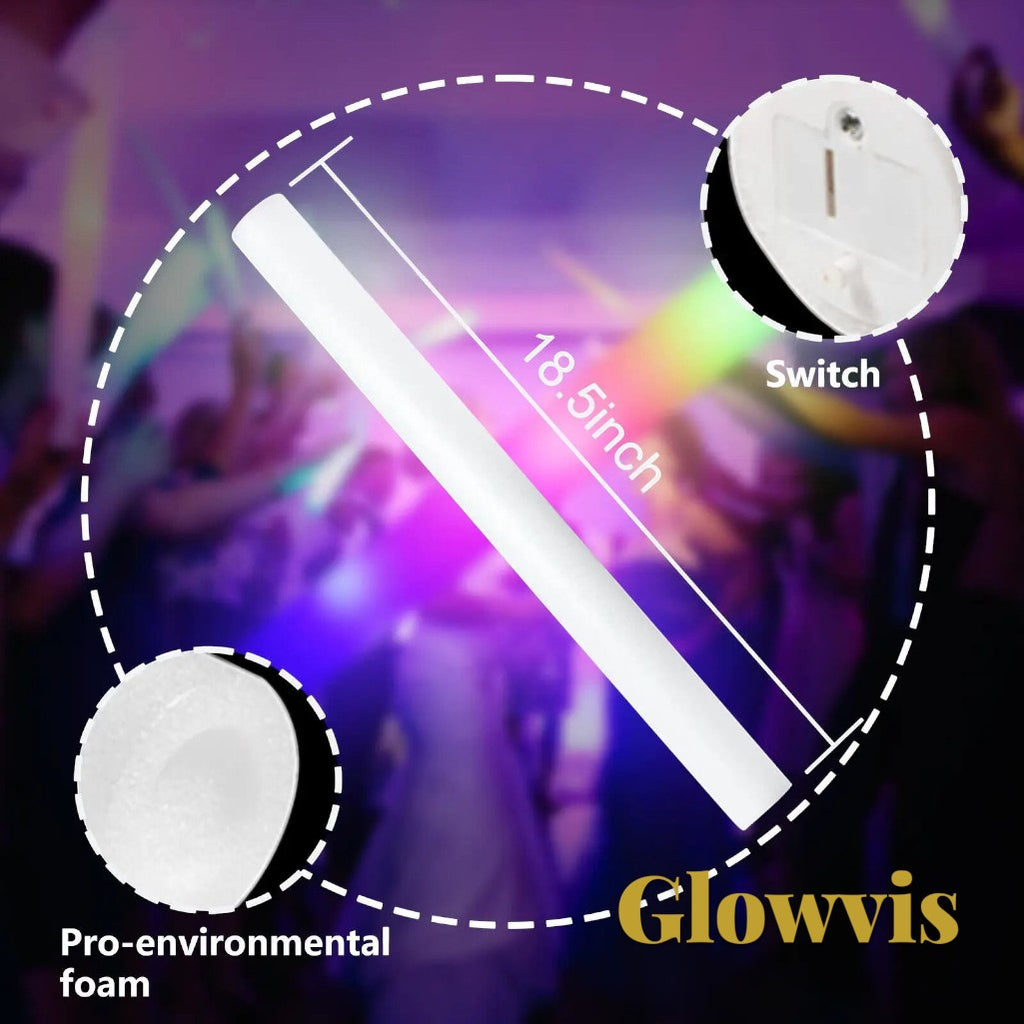 Gr8est Glowvis LED foam glow stick showing dimensions, power switch, and soft foam material for party events.
