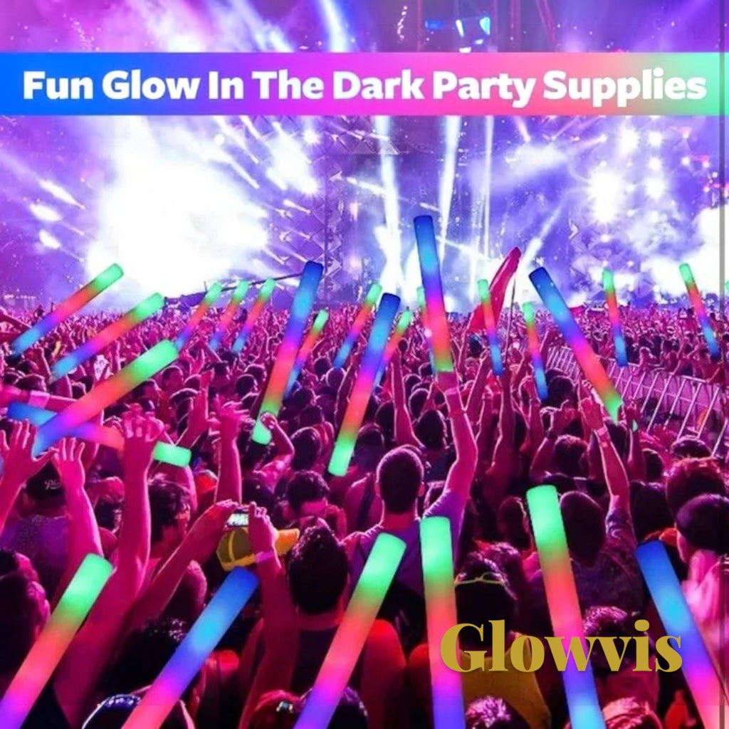 Gr8est Glowvis LED foam glow sticks lighting up a concert crowd with vibrant RGB flashing colors for party events