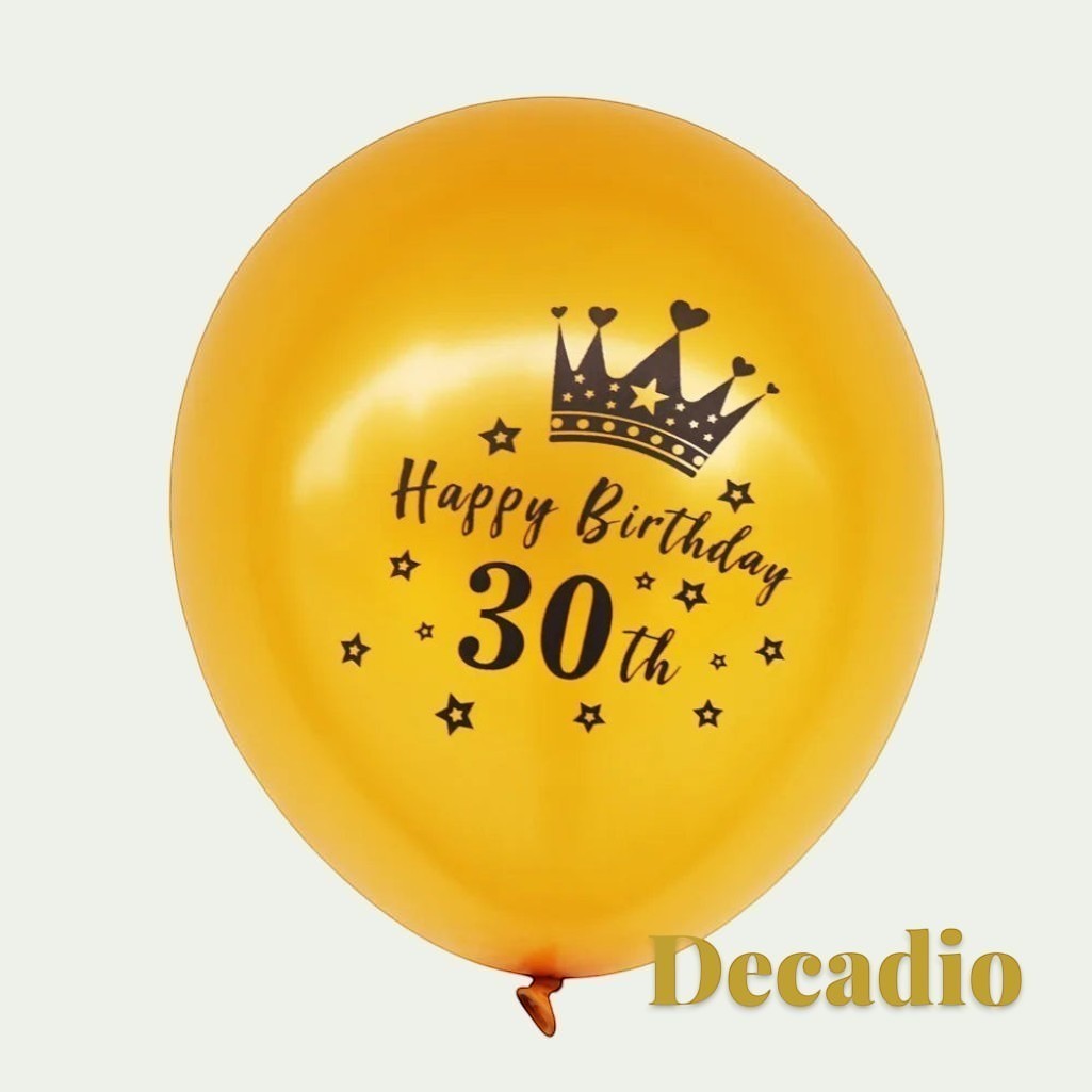 Gr8est 30th birthday latex balloon in gold with black crown and Happy Birthday print for milestone celebrations
