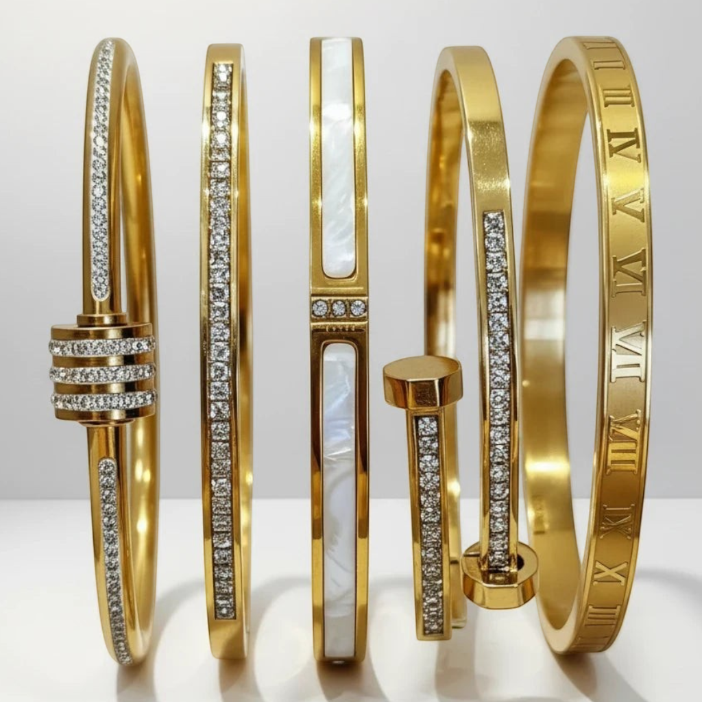 Gr8est set of five gold stainless steel stackable bangles featuring zircon crystals, Roman numerals, and mother of pearl