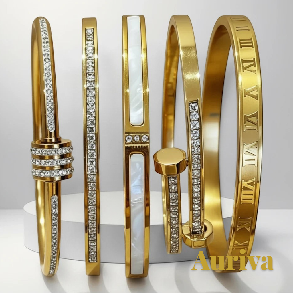 Gr8est set of five gold stainless steel stackable bangles featuring zircon stones, mother-of-pearl, and Roman numerals.