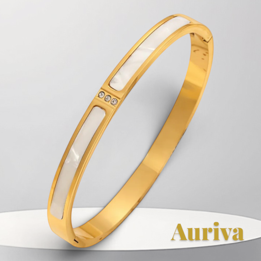 Gr8est gold stainless steel bangle bracelet with white inlay and small zircon accents for women