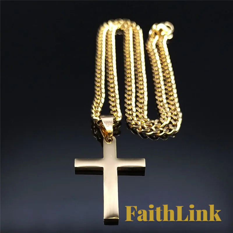 Gr8est gold-tone stainless steel cross pendant necklace with a classic link chain for a hip-hop inspired look.