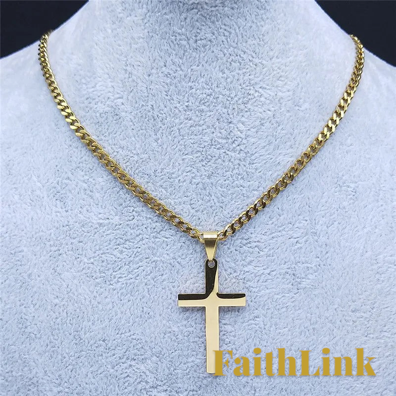 Gr8est gold-colored stainless steel cross pendant necklace on a link chain displayed on a grey velvet bust