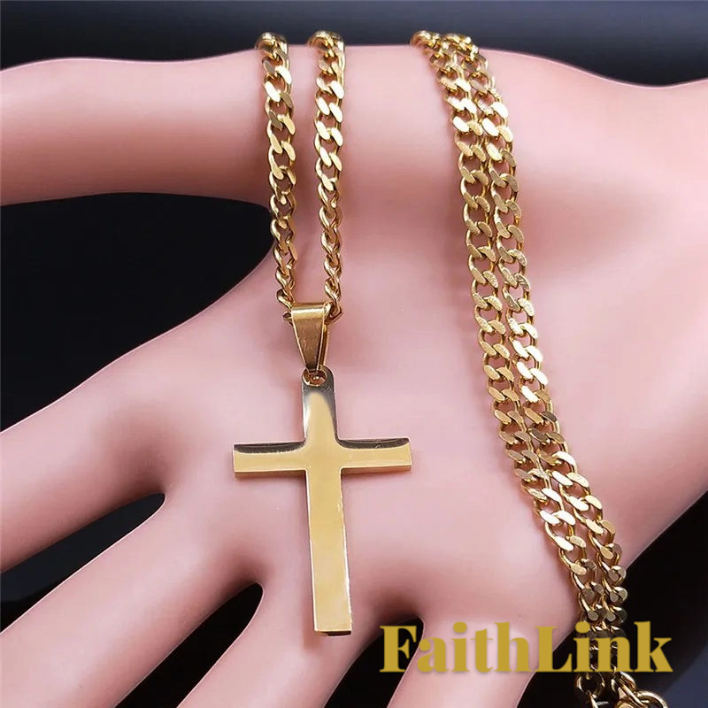 Gr8est gold-tone stainless steel cross pendant necklace on a link chain, featuring a polished hip-hop style design.