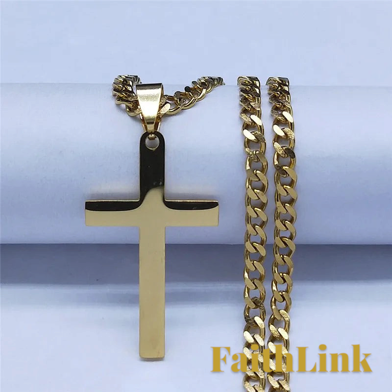 Gr8est gold-tone stainless steel cross pendant necklace with a classic link chain for a hip-hop inspired look.
