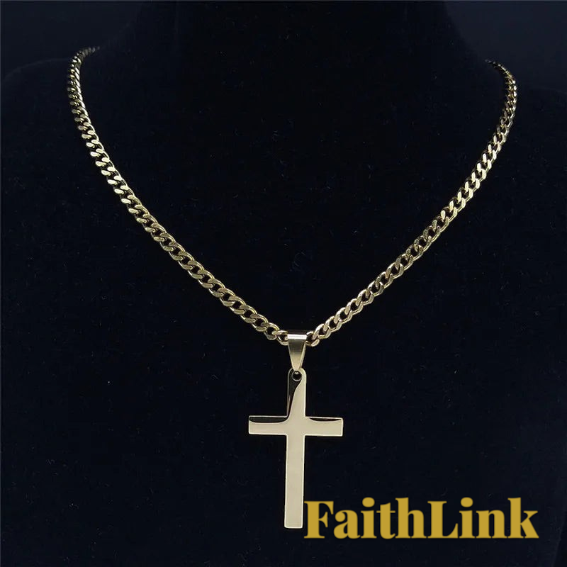 Gr8est gold-tone stainless steel cross pendant necklace on a link chain, featuring a minimalist hip-hop style design.