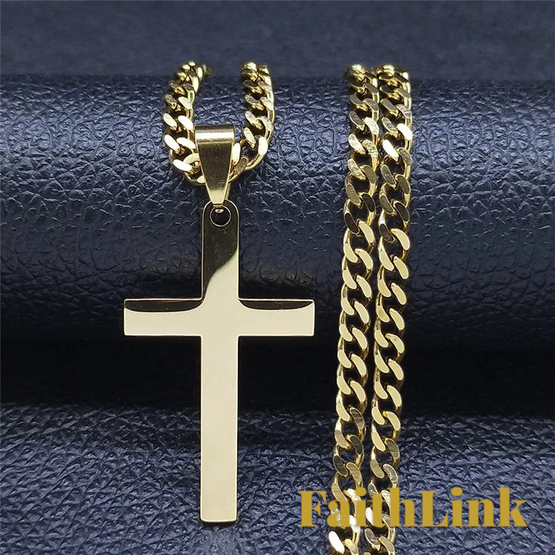 Gr8est gold-tone stainless steel cross pendant necklace with a thick curb link chain for a hip-hop style look.