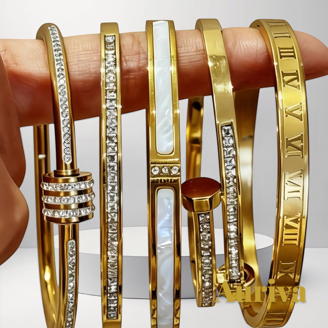 Gr8est 5-piece gold stainless steel stackable bangle set featuring zircon accents, mother-of-pearl, and Roman numerals.