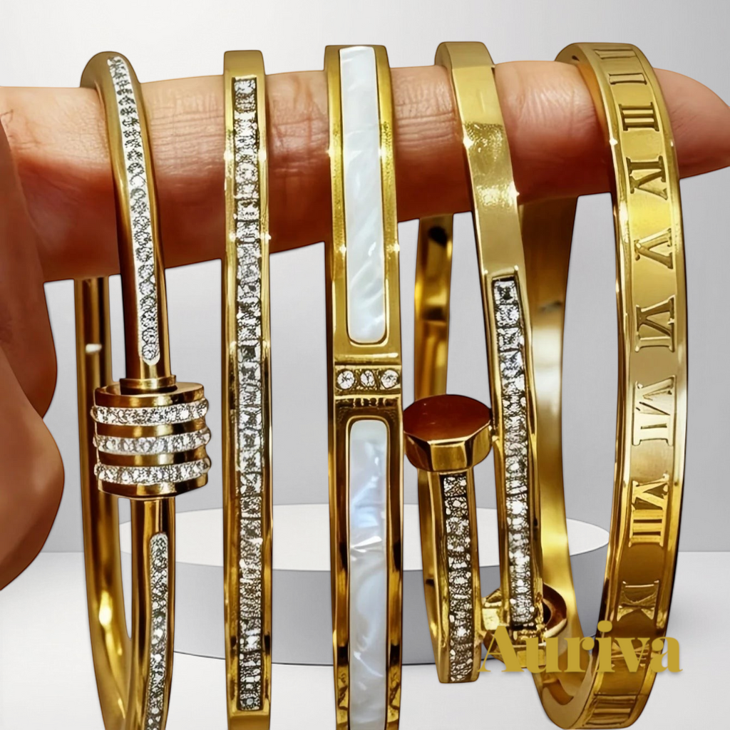 Gr8est 5-piece gold stainless steel stackable bangle set featuring zircon accents, mother of pearl, and Roman numerals.