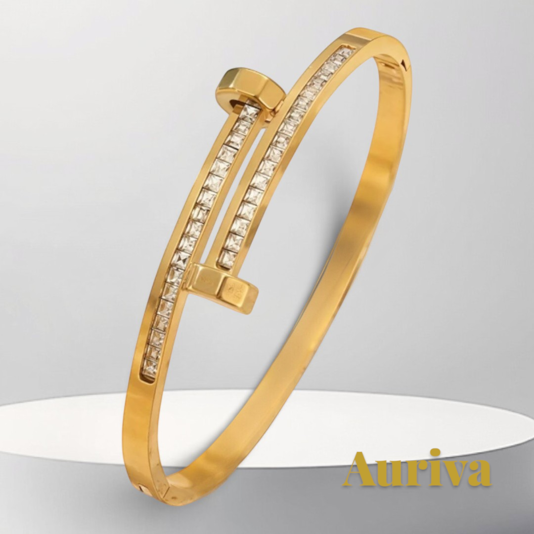 Gr8est gold stainless steel nail-style bangle bracelet featuring sparkling zircon stones in a stackable design
