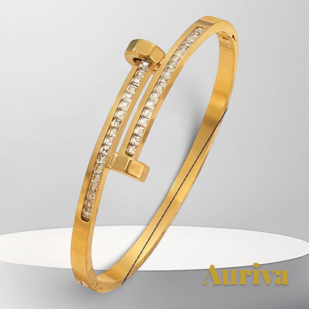 Gr8est gold stainless steel nail-style bangle bracelet featuring sparkling zircon stones in a stackable design
