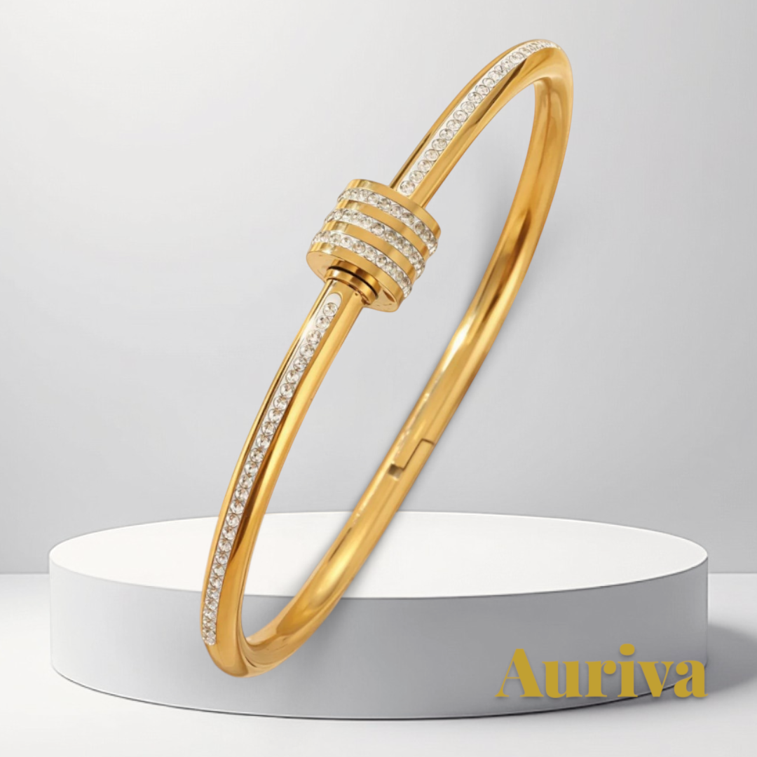 Gr8est gold stainless steel bangle bracelet featuring sparkling zircon stones and a central Roman numeral design