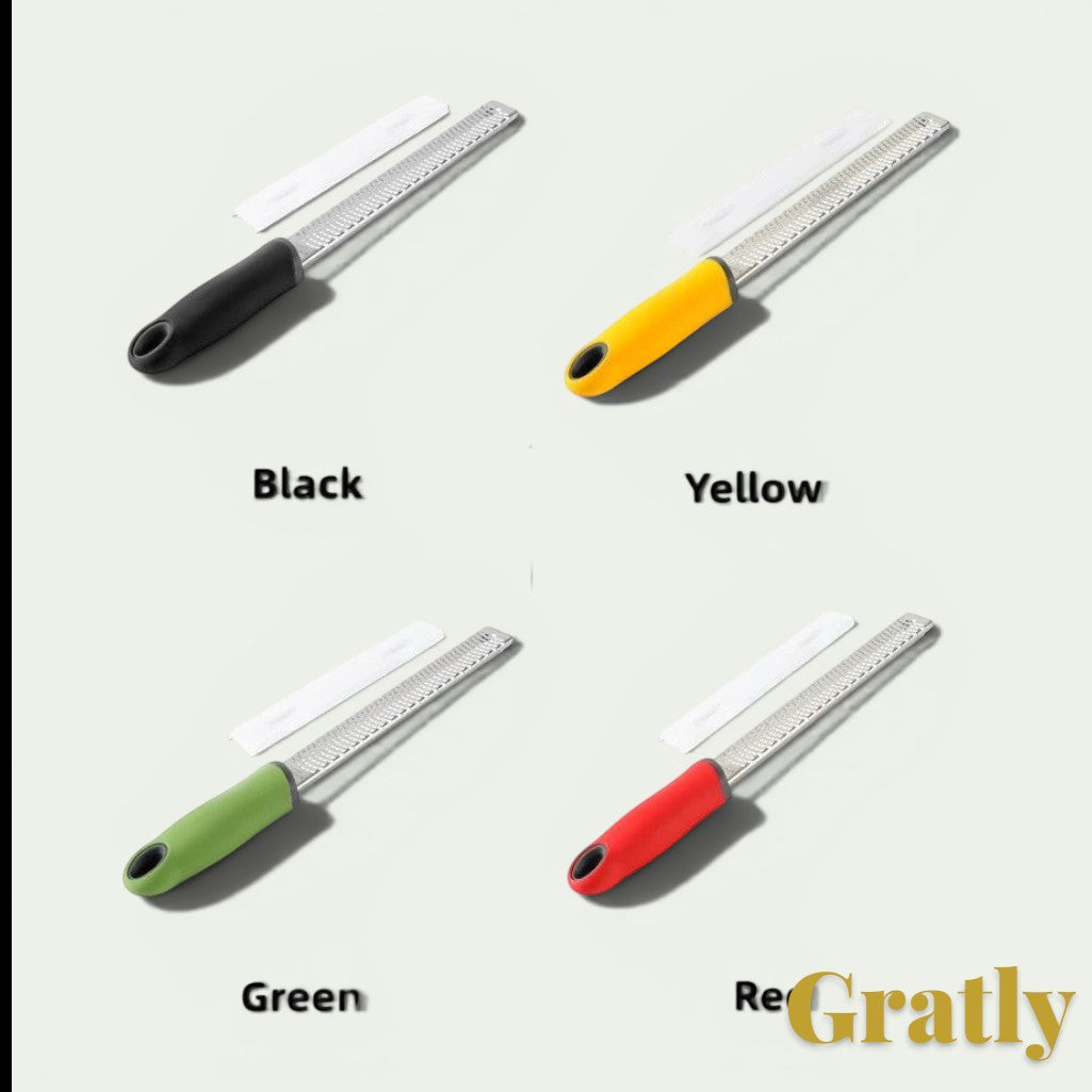 Gr8est Gratly stainless steel multi-purpose kitchen graters in black, yellow, green, and red with ergonomic handles.