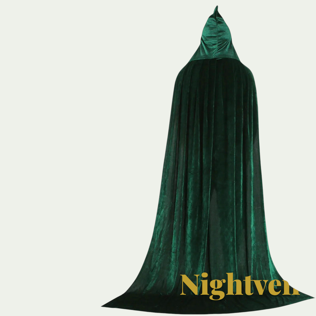 Gr8est dark green hooded cloak for Halloween costumes and cosplay, featuring a long flowing velvet-like fabric