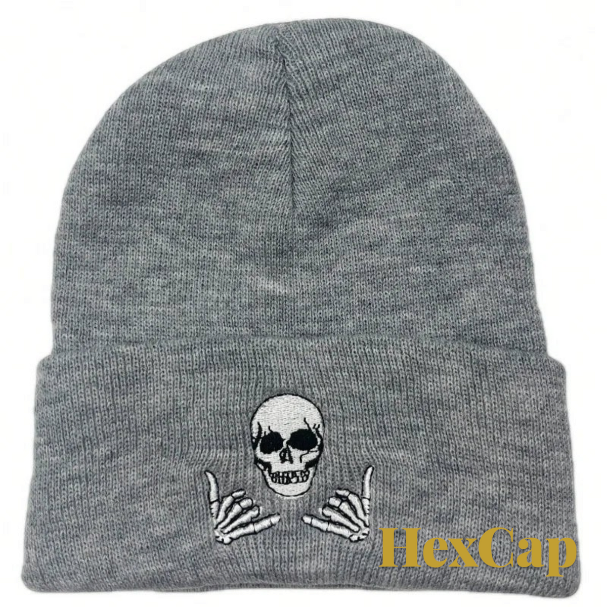 Gr8est grey knit beanie featuring a white embroidered skull with skeleton hands making a rock and roll gesture
