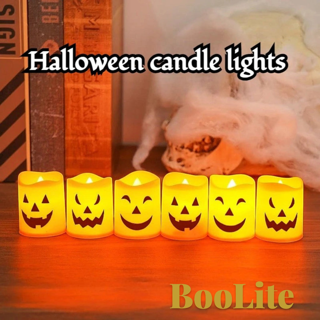 Gr8est set of six orange LED pumpkin tea lights for Halloween party decor with spooky jack-o-lantern faces