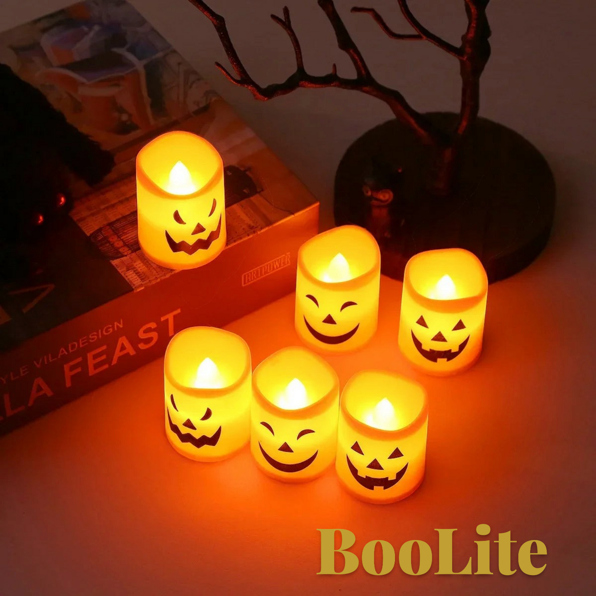 Gr8est BooLite set of 6 orange LED flameless pumpkin candles with spooky faces for Halloween party table decor