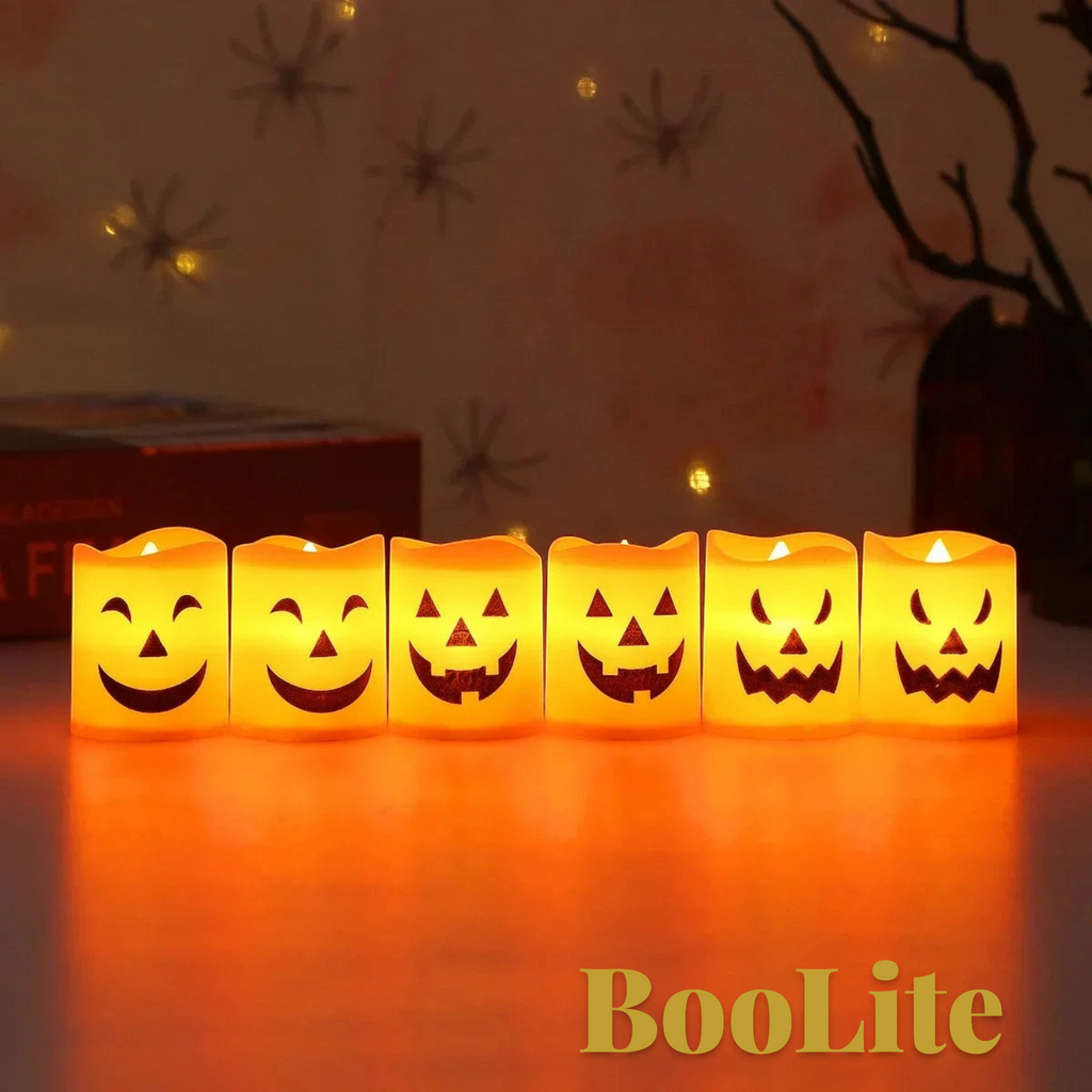 Gr8est set of six orange LED pumpkin tea lights with spooky faces for Halloween party table decoration