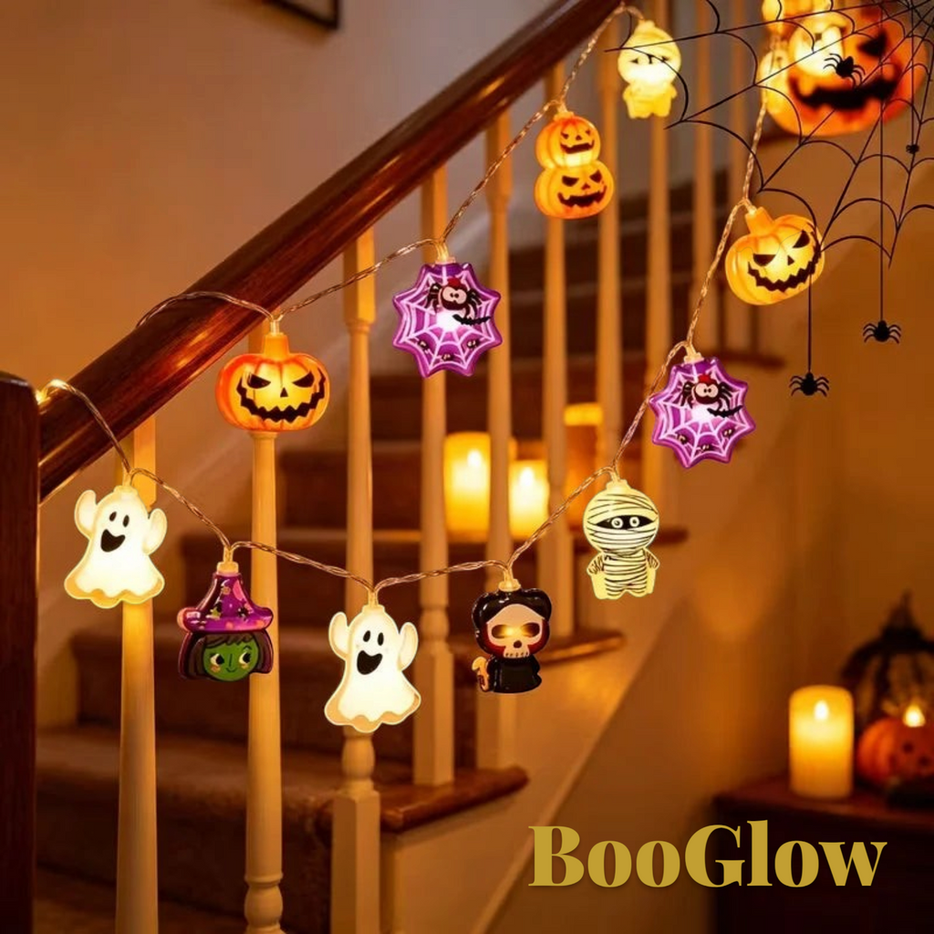 Gr8est BooGlow Halloween LED string lights featuring ghost, pumpkin, and mummy shapes with warm white illumination.