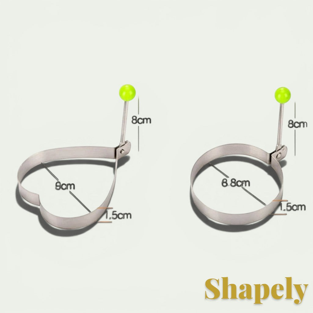 Gr8est stainless steel heart and circle egg and pancake molds with green handles for breakfast cooking