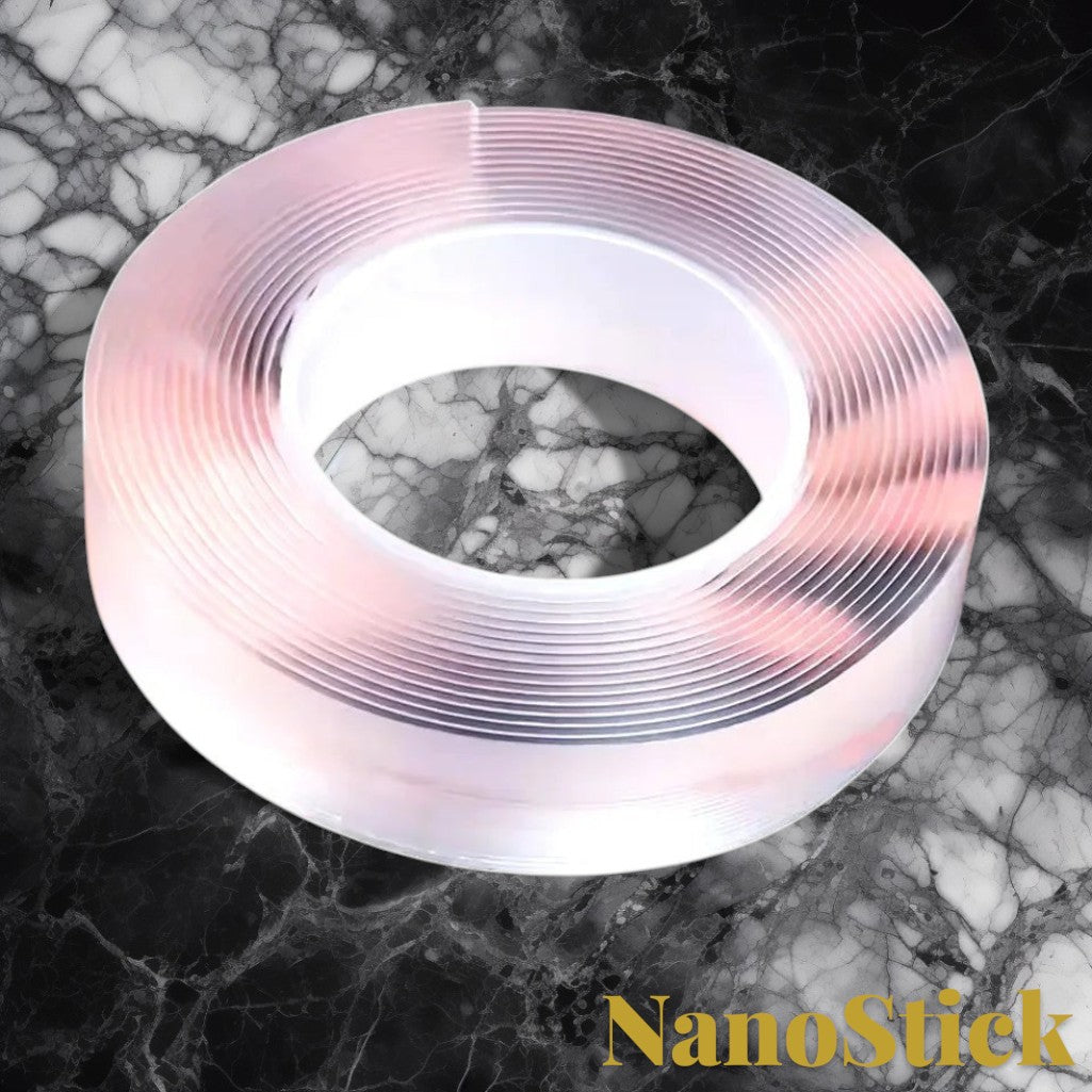 Gr8est heavy-duty clear nano double-sided tape roll held in a hand, featuring a waterproof and traceless design.