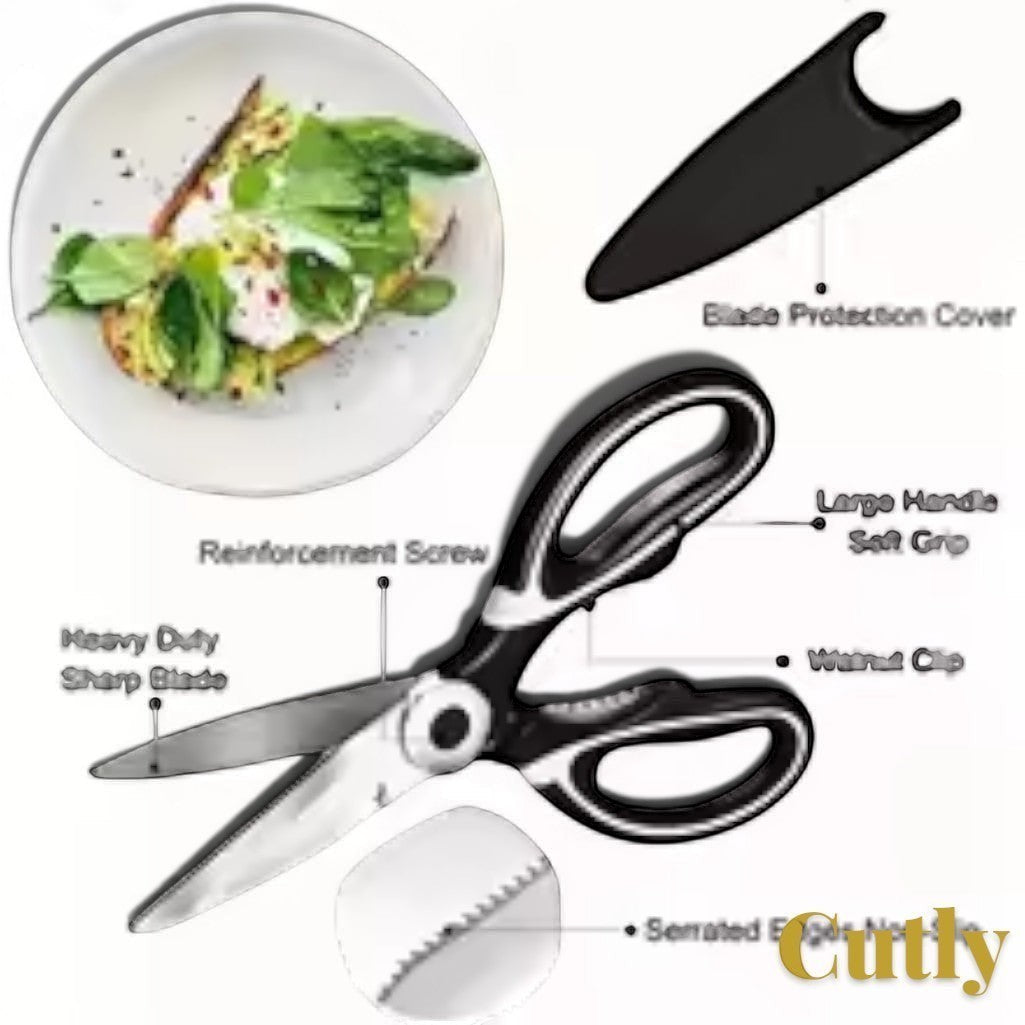 Gr8est Cutly heavy-duty kitchen shears with stainless steel blades, black ergonomic soft grip, and protective cover.