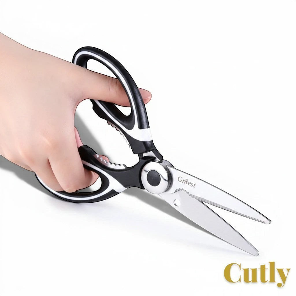 Gr8est heavy-duty kitchen shears with stainless steel blades and black ergonomic handles held in a hand